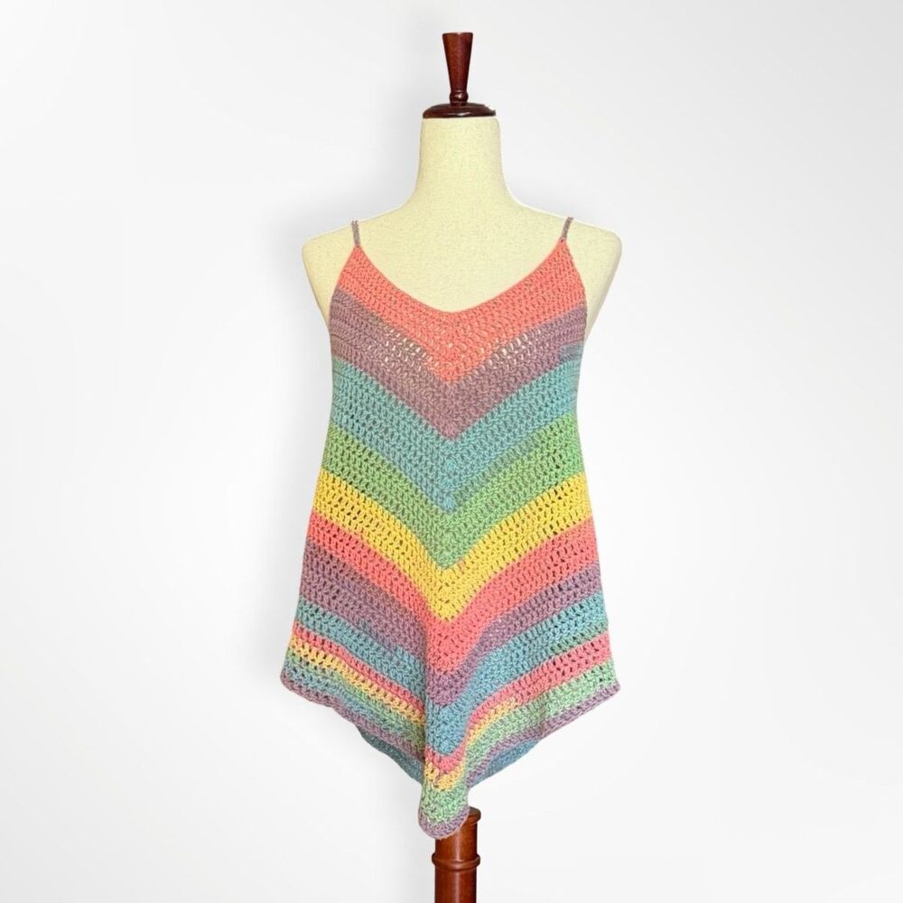 Rainbow Crochet V Striped Handmade Tank Top, M Boho Festival - Picture 2 of 7